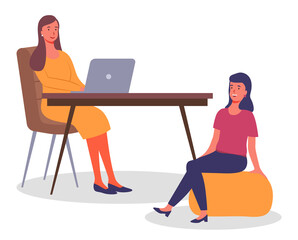 Vector flat illustration of two communicating colleagues in office sitting at table with laptop, at soft chair. Business women discuss new project or startup working together. Teamwork in the office