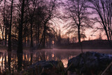 Fototapeta Pomosty - Purple sunset over lake with stone in foreground and tree and sky reflection in dusky water with mist and blurry bokeh beautiful peaceful serenity quiet meditation calm freedom nature outside walk