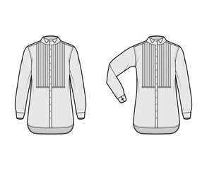 set of shirt tuxedo dress technical fashion illustration with pleated pintucked bib, elbow fold long