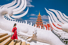 Wat Huay Pla Kang, White Big Buddha And Dragons In Chiang Rai, Chiang Mai Province, Thailand