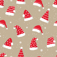 Fun Hand Drawn Christmas Seamless Pattern With Cute Santa Hats, Great For Textiles, Banners, Wallpapers, Wrapping - Vector Design