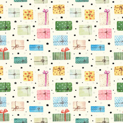Wall Mural - Watercolor christmas seamless pattern with present boxes isolated on light yellow background.