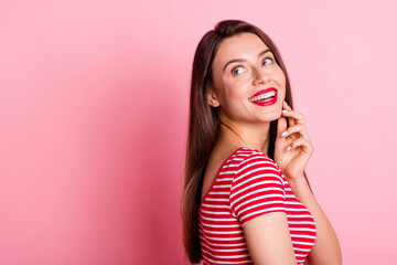 Sticker - Close up profile portrait of attractive person arm on chin look empty space isolated on pink color background