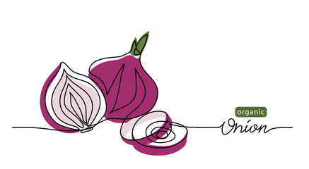 Poster - Red sweet onion vector sketch illustration, background. One line drawing art illustration with lettering organic onion.