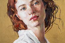 Oil Painting. Portrait Of A  Red-haired  Girl On A Gold Background. The Art Is Done In A Realistic Manner.