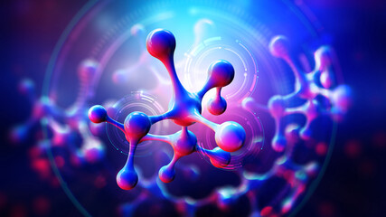 Poster - Internet technologies in medicine. Molecule, cell, crystal lattice. 3D illustration molecular model. Nanotechnology in medicine