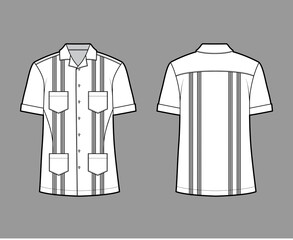 Canvas Print - Shirt guayabera technical fashion illustration with short sleeves, pintucked, patch pockets, relax fit, yoke, button-down, open collar. Flat template front, back white color. Women men top CAD mockup