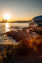 Wall Mural - Sunset view of Gwangan bridge and sea at Haeundae Dongbaekseom island in Busan, Korea