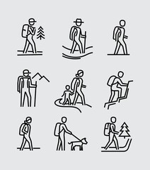 hiking people vector line icons