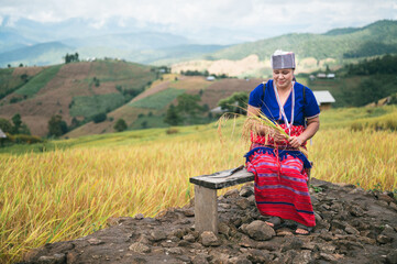 Wall Mural - space woman farmer with paddy rice on rice terrace