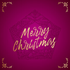 Wall Mural - merry christmas abstract vector retro label, sign or card template. hand drawn pentagon pine wreath 