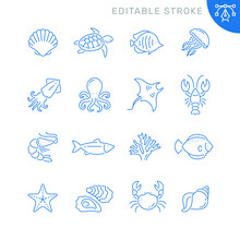 Sea Life Related Icons. Editable Stroke. Thin Vector Icon Set