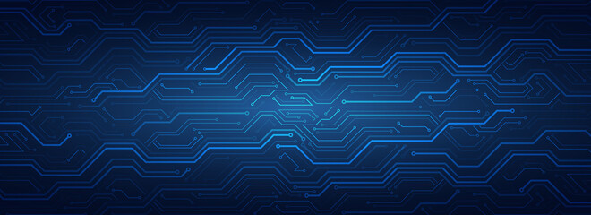 Poster - Hi tech circuit board design innovation concept. Abstract futuristic wide communication vector illustration. Sci fi technology on the blue background.