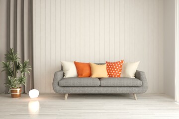 White living room with sofa. Scandinavian interior design. 3D illustration