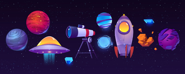 Wall Mural - space exploring icons, planets, rocket or shuttle, telescope, alien ufo with asteroid in dark starry