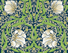 Vintage White Flowers And Green Foliage Seamless Ornament. Vector Illustration.