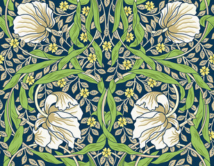 Vintage white flowers and green foliage seamless ornament. Vector illustration.