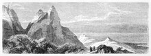 Three Small Explorer Looking Over Panorama On Top Of Discovery Mountain, Mauritius. Ancient Grey Tone Etching Style Art By B�rard On Le Tour Du Monde, Paris, 1861
