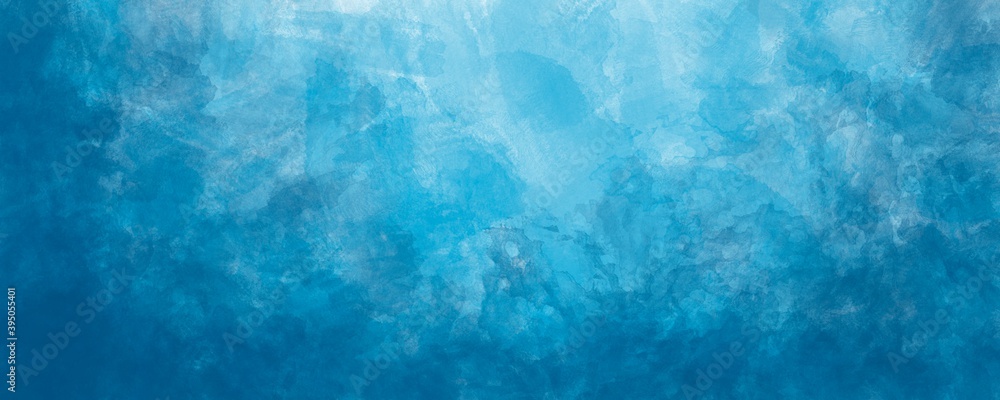 Sfondo blu acquerello con trama nuvolosa e grunge marmorizzato, nebbia morbida e illuminazione nebulosa e colori pastello. Banner web lungo. - obrazy, fototapety, plakaty 