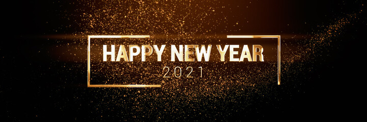 Wall Mural - Happy New Year 2021 greetings card with shining golden bokeh particles on a background.