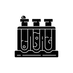 Poster - Test tube rack black glyph icon. Laboratory equipment. Holding upright multiple test tubes. Safe storage, transportation. Silhouette symbol on white space. Vector isolated illustration