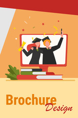 Wall Mural - happy graduated students with diploma on monitor. book, university, buyer flat vector illustration. 