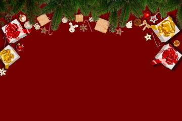 Wall Mural - christmas wooden natural decoration ornament wide horizontal banner with copyspace on red background