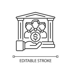 Sticker - Institutional donor linear icon. Government organizations that give grants to companies. Thin line customizable illustration. Contour symbol. Vector isolated outline drawing. Editable stroke