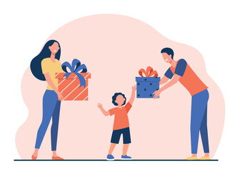 Happy parents giving gifts to son. Boy receiving birthday presents flat vector illustration. Surprise, Christmas, childhood concept for banner, website design or landing web page