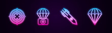 Set Line Target Sport, Parachute With First Aid Kit, Biohazard Rocket And . Glowing Neon Icon. Vector.
