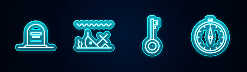 Wall Mural - Set line Tombstone with RIP written, Sunken ship, Pirate key and Compass. Glowing neon icon. Vector.