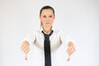 © Danko - Business woman with thumbs down gesture, isolated on white background