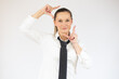 © Danko - Business woman making frame gesture over white background.