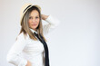 © Danko - Portrait of a business woman wearing straw hat over white background.
