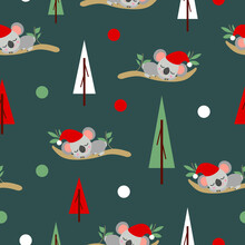 Seamless Pattern With Koala Babies In Red Christmas Hats Sleeping On Eucalyptus. Fir Trees. Tidewater Green Background. White, Red And Green Round Confetti. Post Cards, Textile,wallpaperwrapping Paper