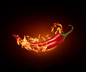 Red chili pepper close-up in a burning flame on a black background