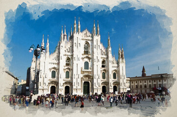 Wall Mural - Watercolor drawing of Milan: Duomo di Milano cathedral with spires and crowd of people are walking on Piazza del Duomo