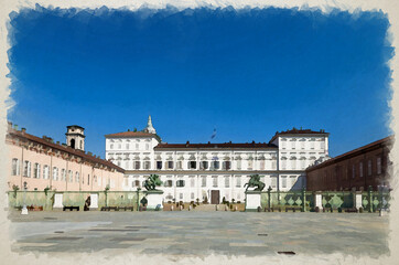 Wall Mural - Watercolor drawing of Royal Palace Palazzo Reale building on Castle Square in historical centre of Turin Torino city