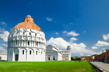 Wall Mural - Watercolor drawing of Pisa Baptistery Battistero, Pisa Cathedral Duomo Cattedrale and Leaning Tower