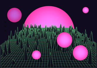 Wall Mural - Retro Synthwave Sunrise. Futuristic  sci-fi landscape with sun above the endless laser grid like in old arcade video games of 80's and 90's.