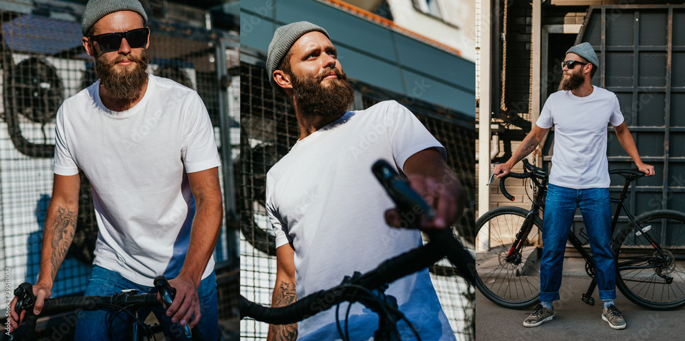 Young bearded hipster guy wearing white blank t-shirt ride on bicycle . Mock-up for print. T-shirt template. - obrazy, fototapety, plakaty 