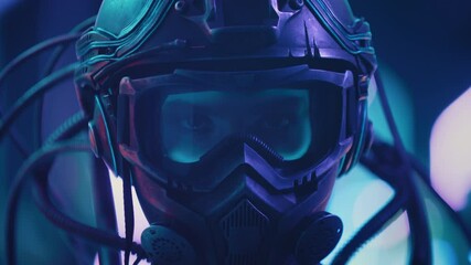 portrait female soldier of future in fiction helmet open her eyes looking into camera backlit with b