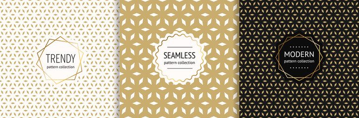 Vector golden geometric seamless pattern collection with stylish badges. Elegant gold floral ornament texture, grid, mesh, diamond shapes. Trendy luxury background. Premium design layout template