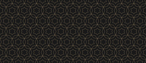 Vector abstract geometric seamless pattern. Golden lines texture with grid, stars, diamonds, floral shapes. Oriental style luxury background. Subtle gold and black ornament, modern repeat design 