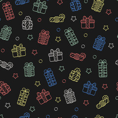 Wall Mural - Seamless pattern with Christmas gifts, multi-colored outline on a dark background