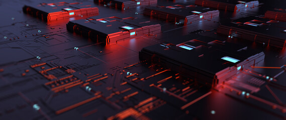 Printed circuit board futuristic server/Code processing in circuit board abstract server. Data moves in the form of moving lines. The movement and processing of data inside a server or computer