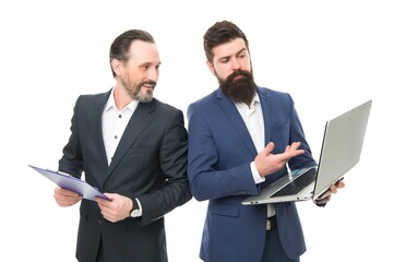 Software for accounting. Business meeting. Man bearded manager show financial report laptop. Discussing progress. Colleagues work together. Business plan. Business director or boss surfing internet