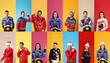 © New Africa - Collage with photos of men and women in different Christmas sweaters on color backgrounds