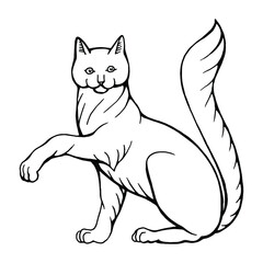  Hand drawn vector illustration of black and white sitting with paw raised cat isolated on white. For your heraldic and another design.