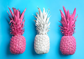 Poster - White and pink pineapples on light blue background, flat lay. Creative concept